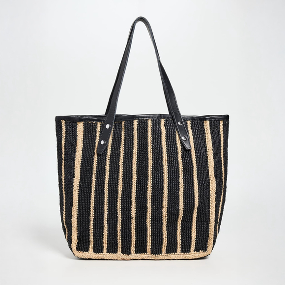 Rag & Bone Daily Straw Tote Raffia Black Women's Bag Leather Trim New - Picture 3 of 6